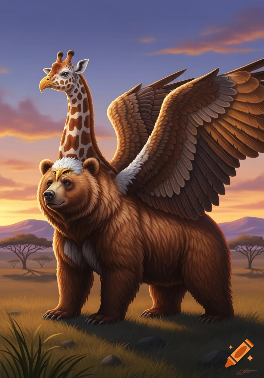 A fantasy hybrid creature, part bear, part eagle, part giraffe, stands in a golden savanna at sunset in a vibrant illustrative style.