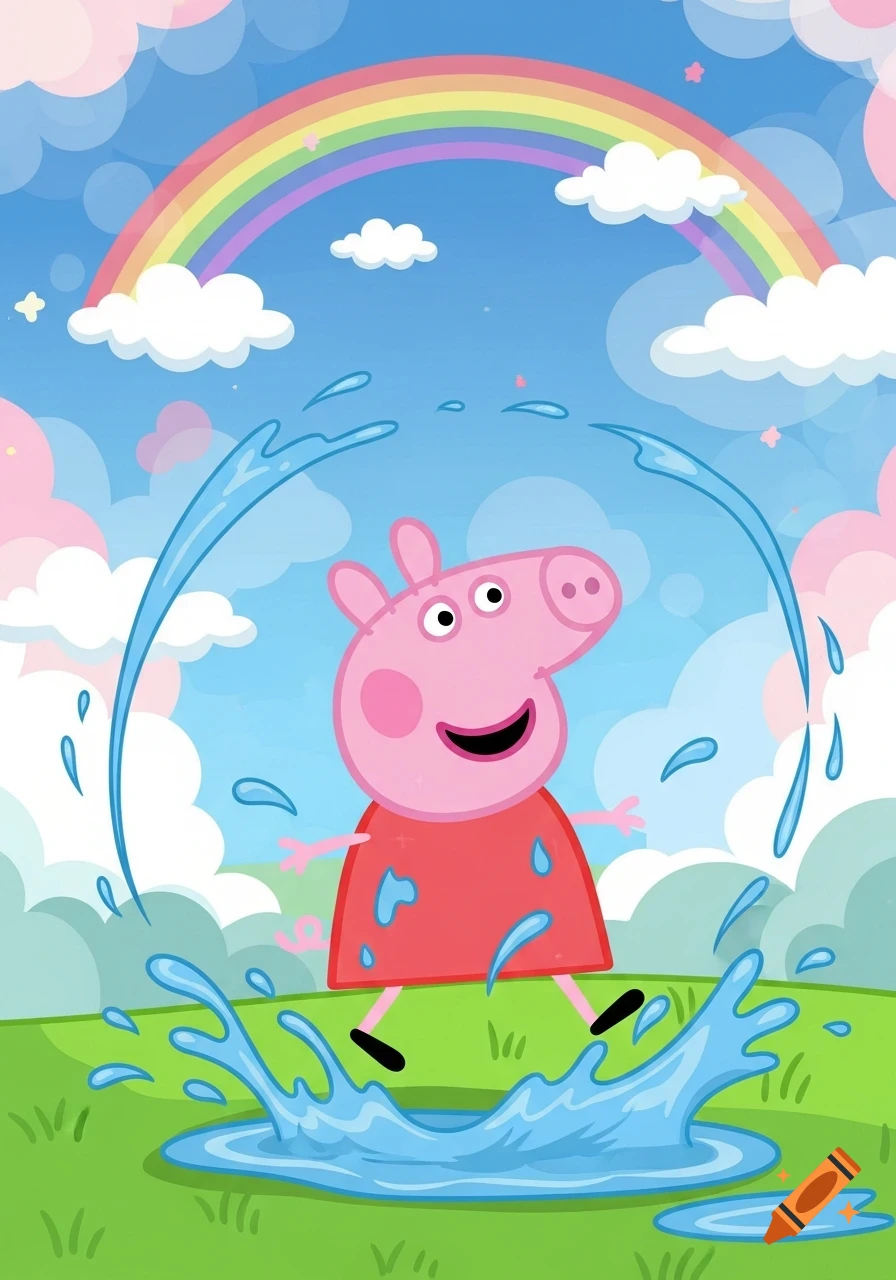 Peppa Pig splashes in a puddle under a vibrant rainbow and blue sky in a cheerful cartoon style.