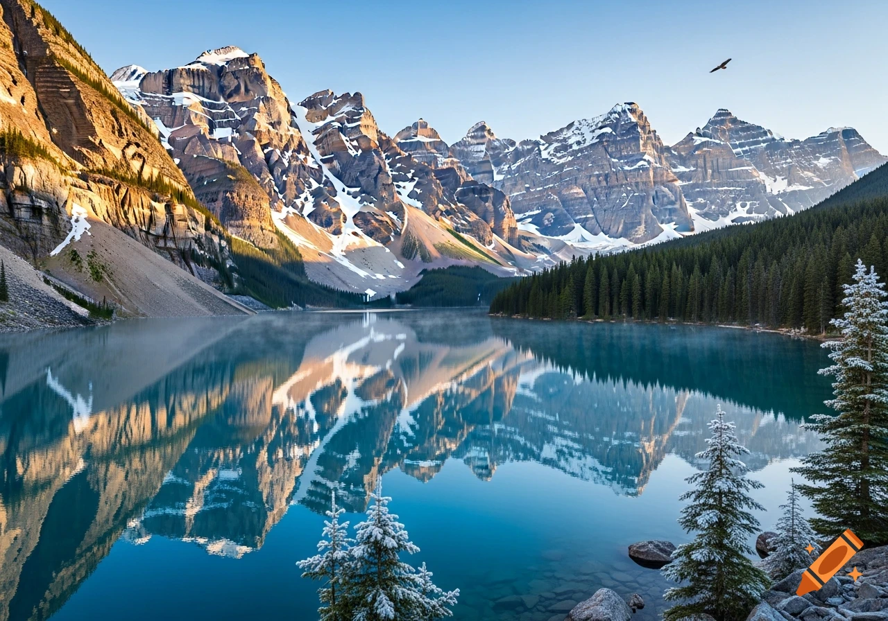 Majestic snow-capped mountains reflect in a serene blue lake, flanked ...