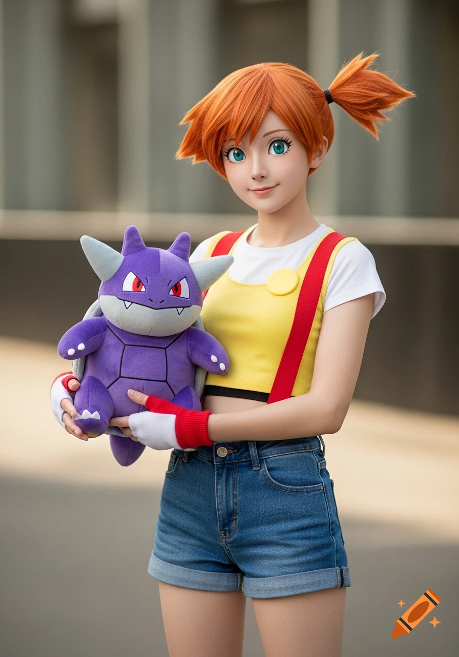 Photorealistic portrait of Misty from Pokémon, with orange hair, yellow crop top, and denim shorts, holding a purple Cloyster plushie.