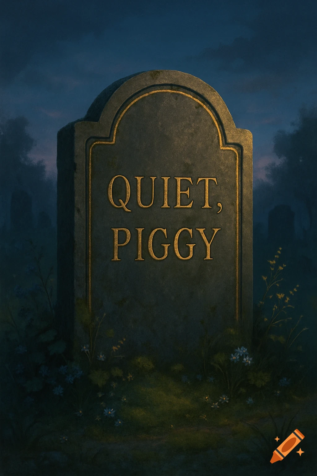 A large, weathered gravestone with the golden inscription 'QUIET, PIGGY' stands in a dark, atmospheric cemetery at night.