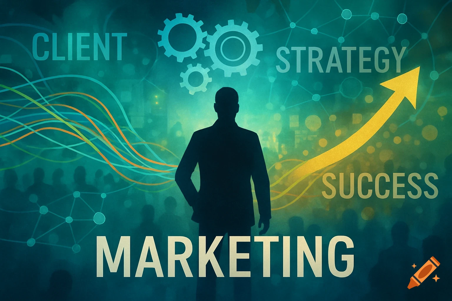 Silhouette of a businessman with words 'CLIENT', 'STRATEGY', 'SUCCESS', 'MARKETING', gears, lines, and an upward arrow on a teal background.