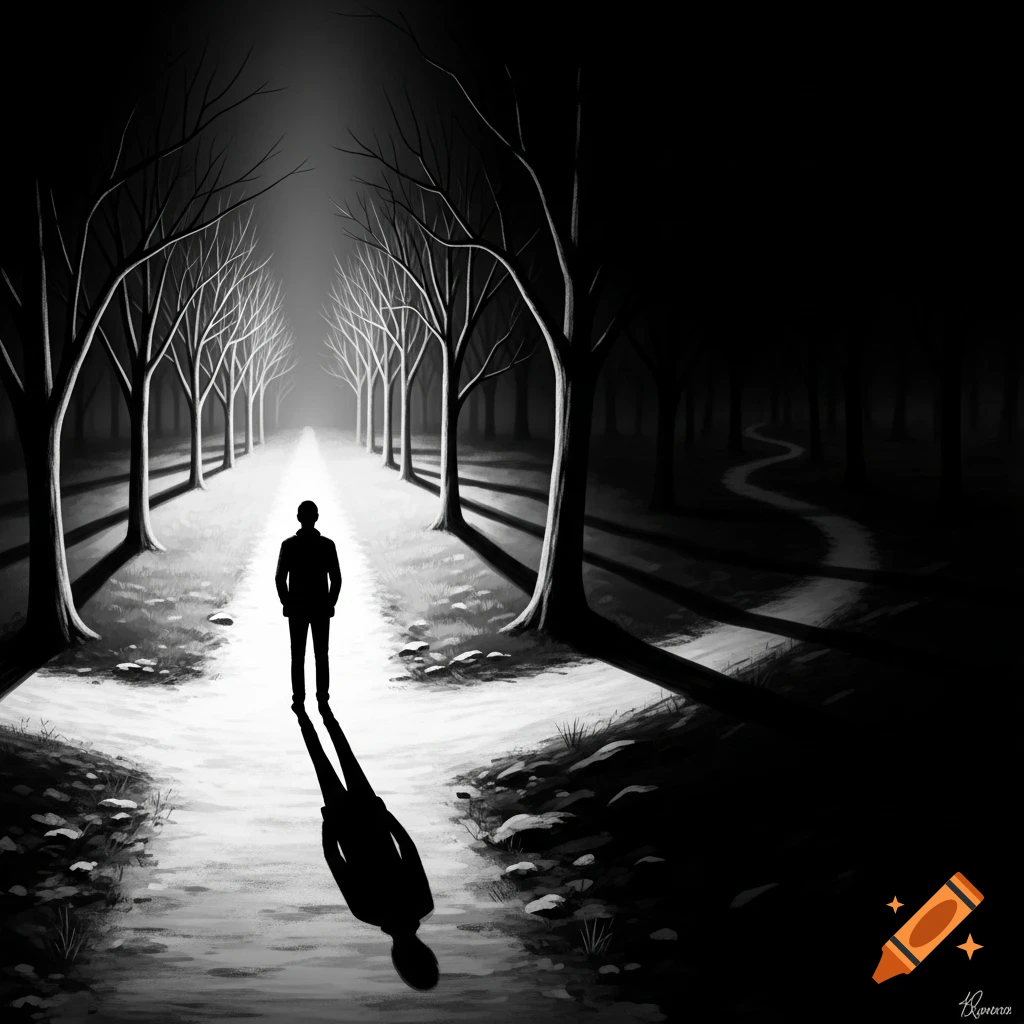 A silhouetted man stands at a brightly lit fork in a dark, barren forest path in a monochrome illustration.