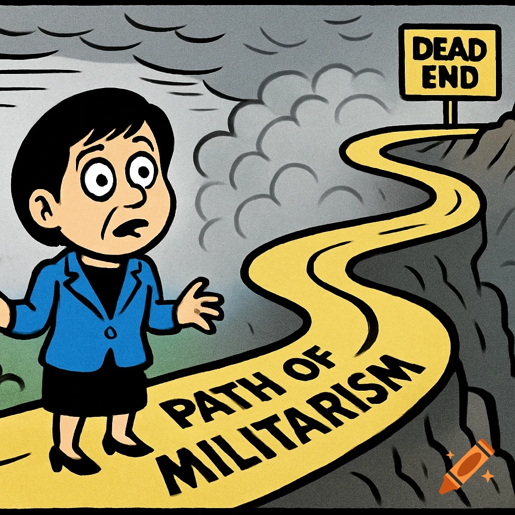 A political cartoon showing a confused Japanese politician on the 'PATH OF MILITARISM' road leading to a 'DEAD END' sign under a stormy sky.
