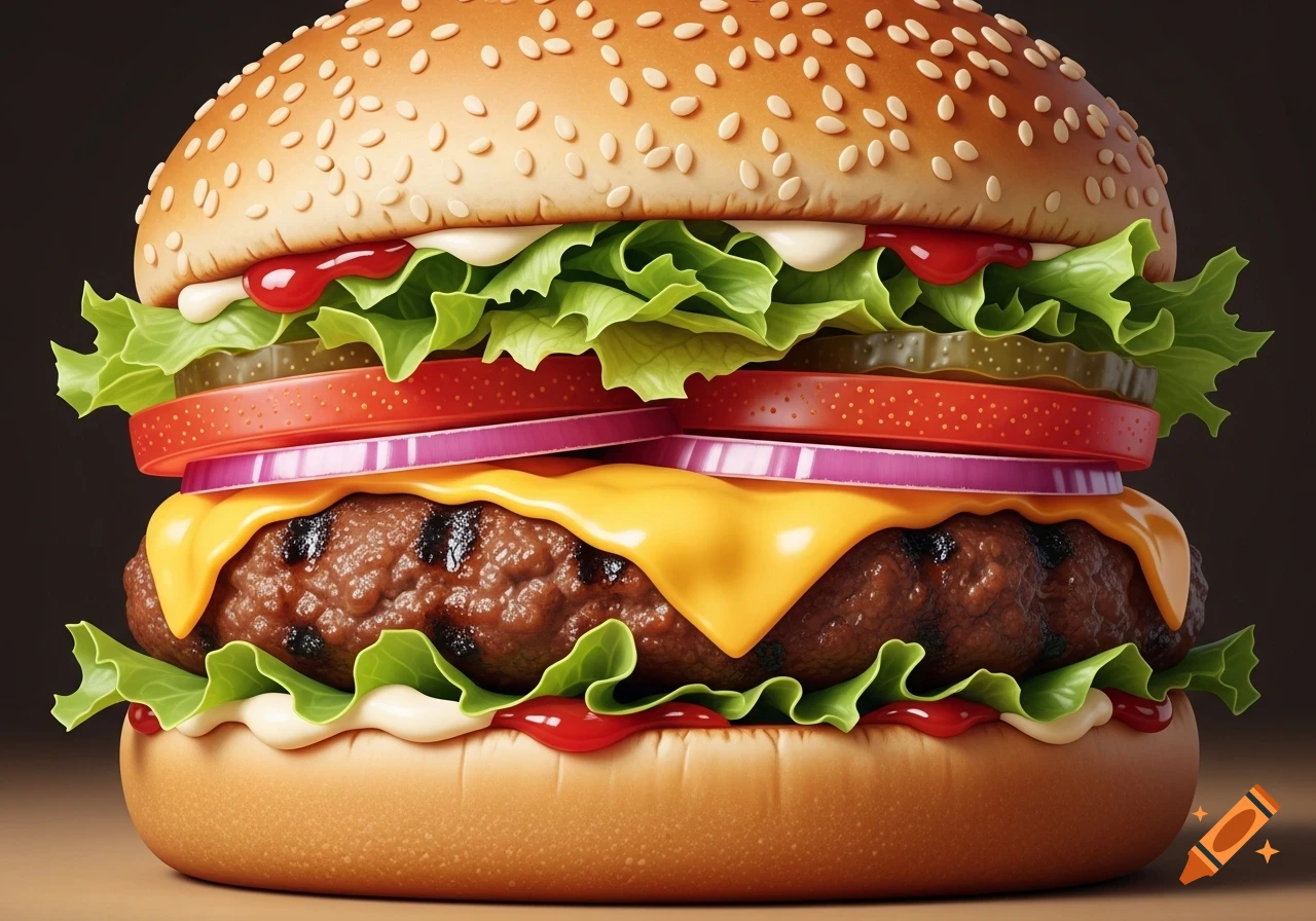 A vibrant, stylized cheeseburger with a sesame seed bun, patty, melted cheese, lettuce, tomato, pickles, and onion.