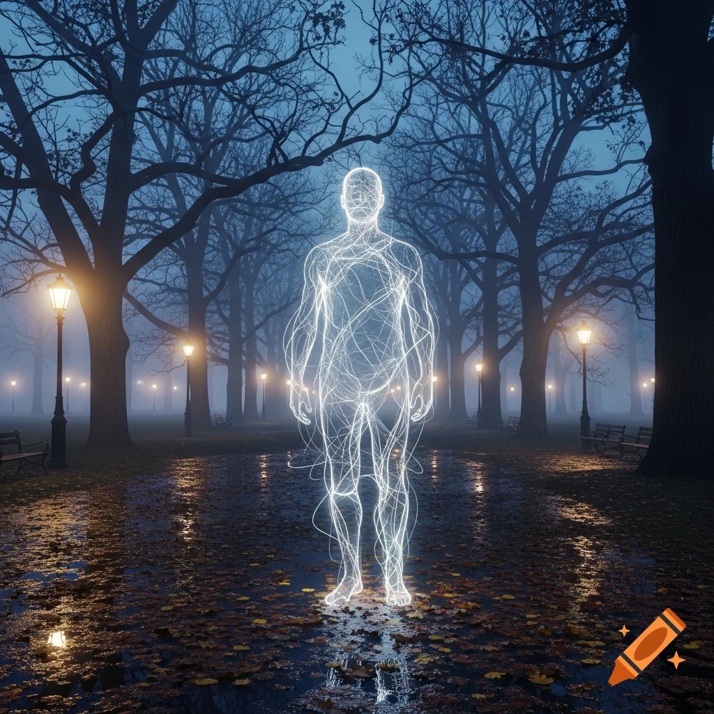 A glowing, wireframe-like human figure stands in a foggy, lamp-lit park with bare trees and fallen leaves.
