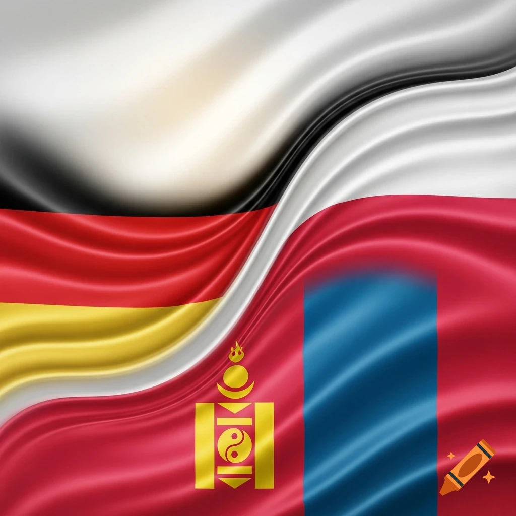 Wavy fabric flags of Germany, Poland, and Mongolia combined in a fluid design, showing their respective colors and the Mongolian Soyombo symbol.