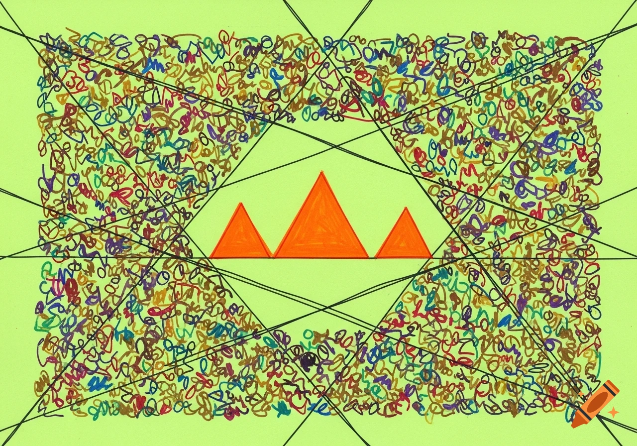 Abstract geometric drawing on light green paper with three orange triangles, black intersecting lines, and colorful scribbles.