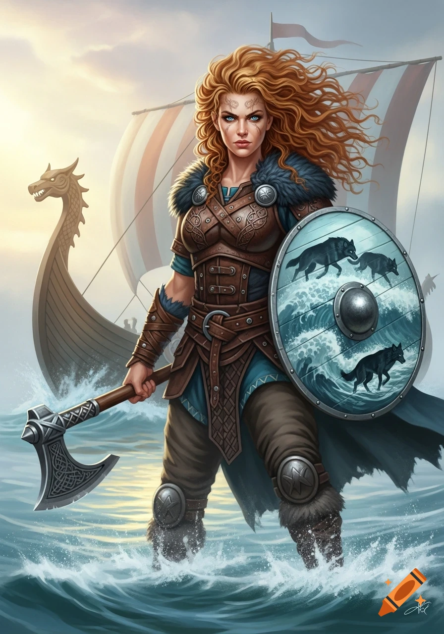 A muscular red-haired Viking woman with blue eyes, holding an axe and a shield with wolves on waves, stands in water with a longship in the background.