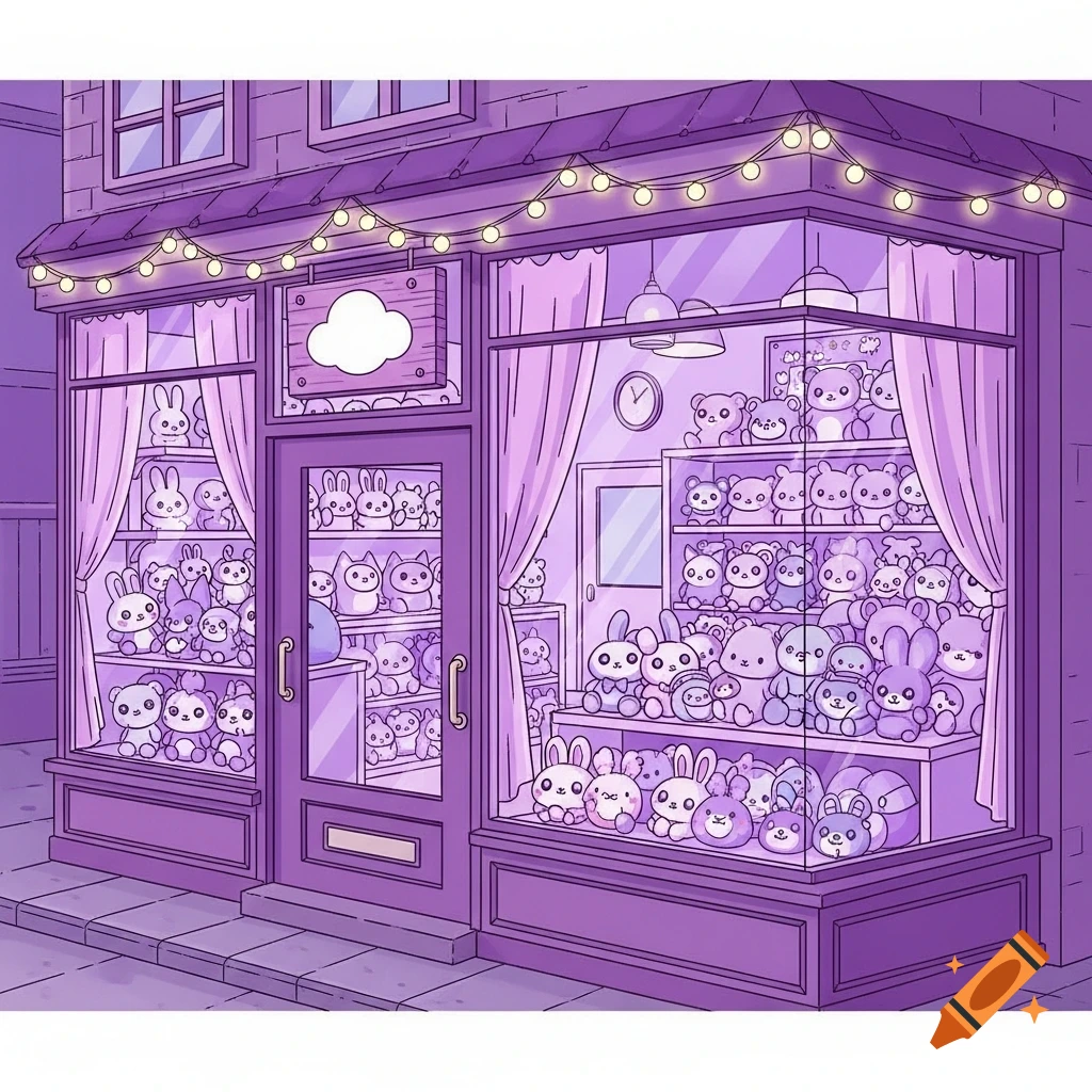 A charming purple-themed kawaii plush toy shop facade, illuminated by string lights, with shelves full of cute stuffed animals.