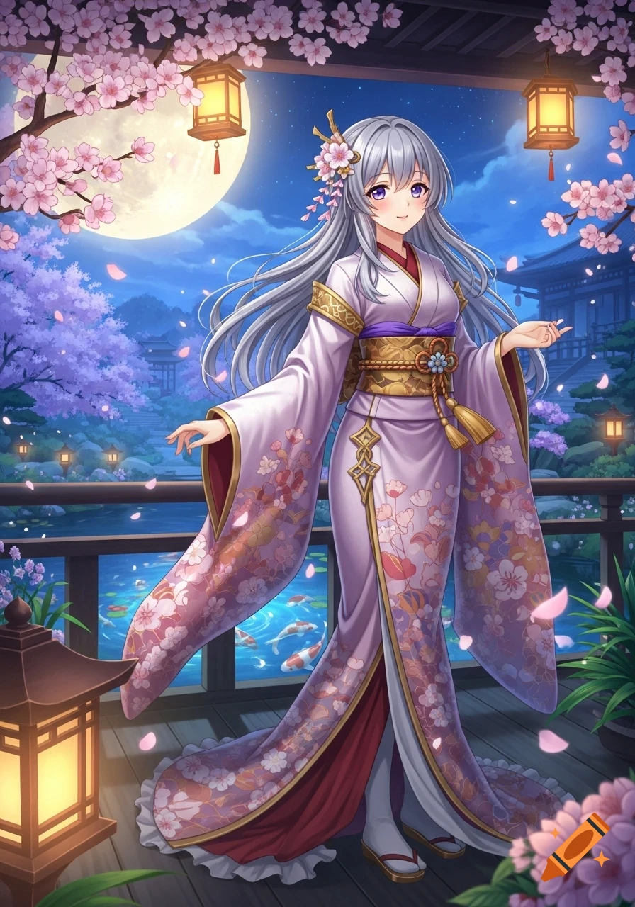 Anime girl in a purple kimono in a moonlit Japanese garden with cherry blossoms and koi fish.