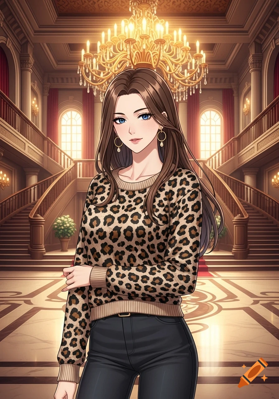 Anime woman with long brown hair, blue eyes, wearing a leopard print sweater and gold hoop earrings, standing in a grand mansion hall with a large chandelier.