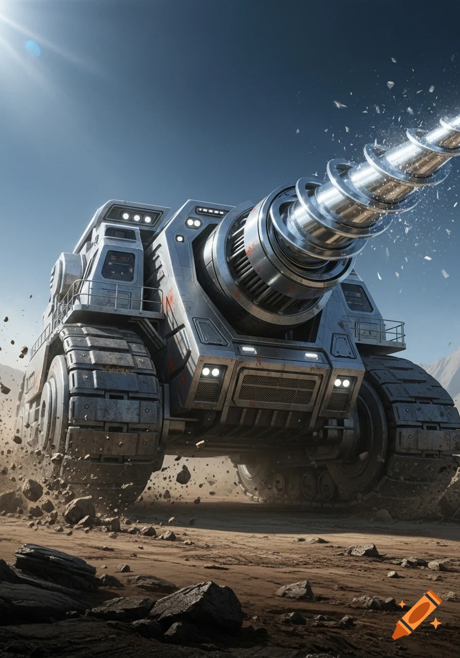 Massive photorealistic silver mining vehicle with huge treads and a front-mounted drill, kicking up dust in a rocky landscape.