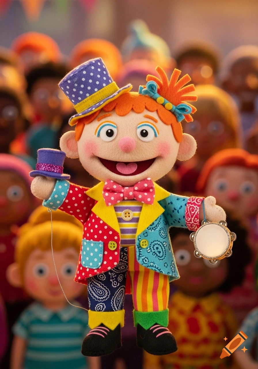A cheerful felt puppet in a patchwork suit, holding a small hat and tambourine, smiles broadly in front of a blurred crowd.