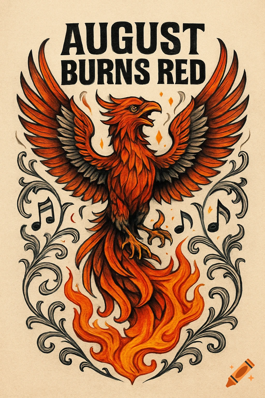 A stylized orange phoenix with spreading wings above flames, surrounded by decorative scrolls and musical notes, with 'AUGUST BURNS RED' text, in a tattoo art style.