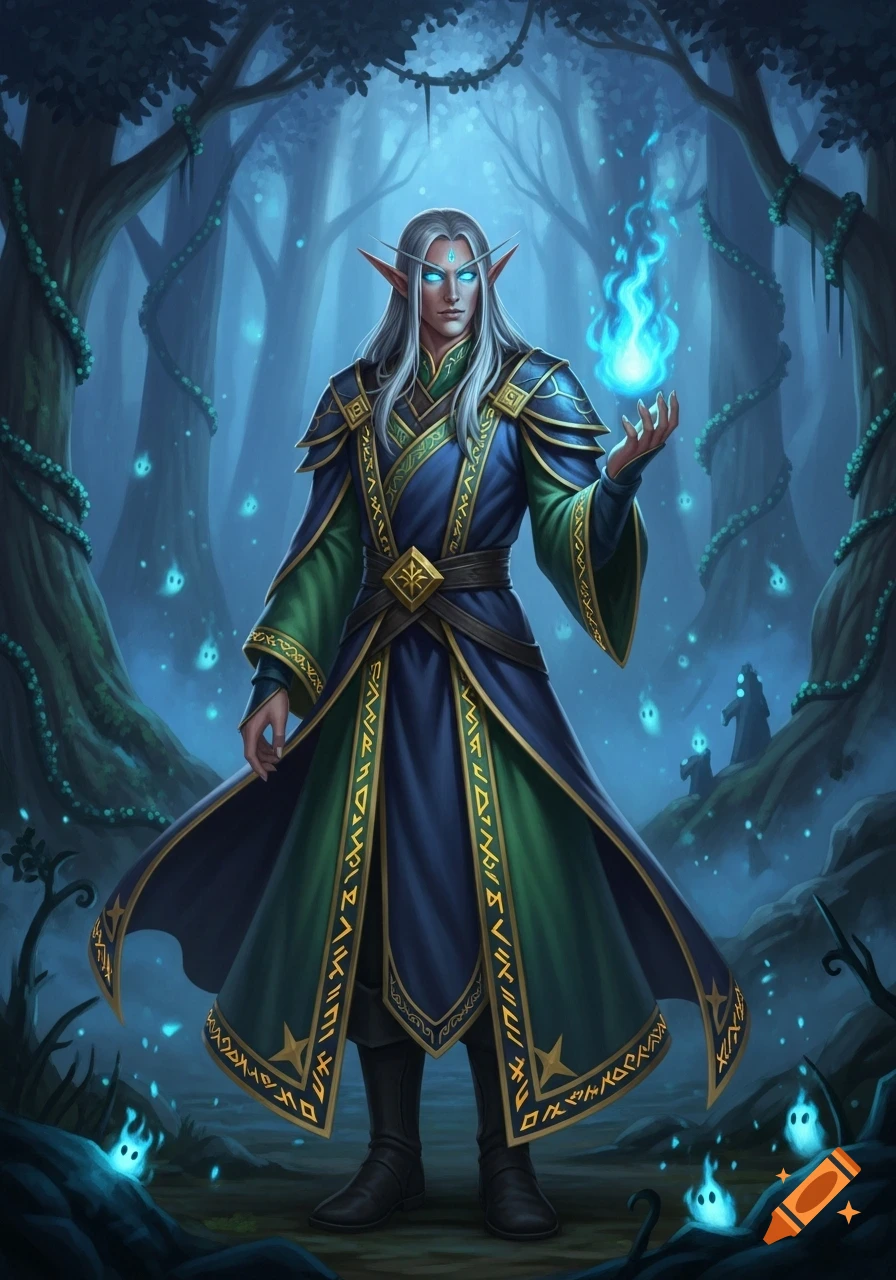 A male elf with white hair and glowing blue eyes, wearing a blue and green robe, stands in a magical forest, holding blue flames.