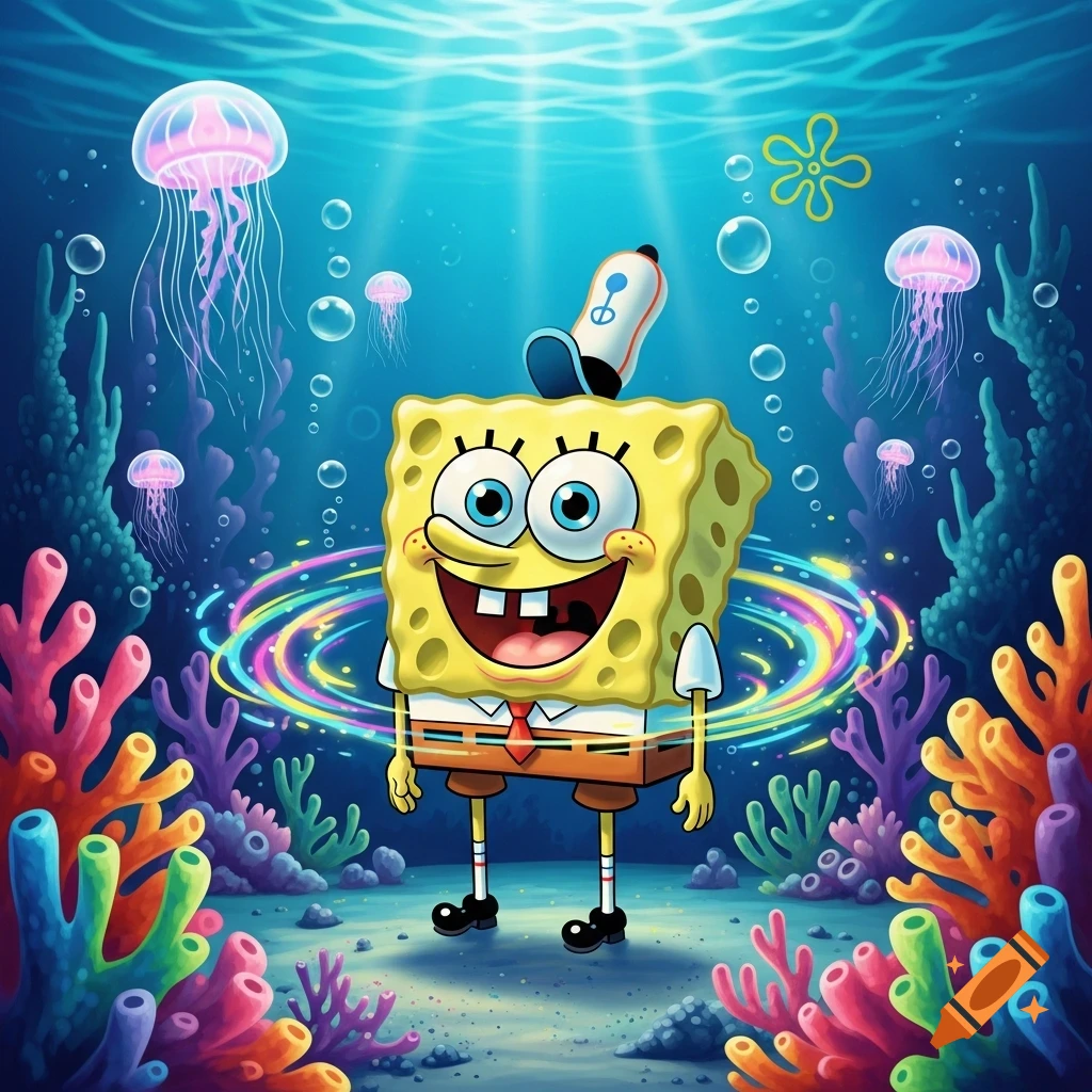 A vibrant cartoon illustration of a smiling Spongebob Squarepants wearing a hat, surrounded by a colorful glowing ring, jellyfish, and coral in a bright underwater scene.