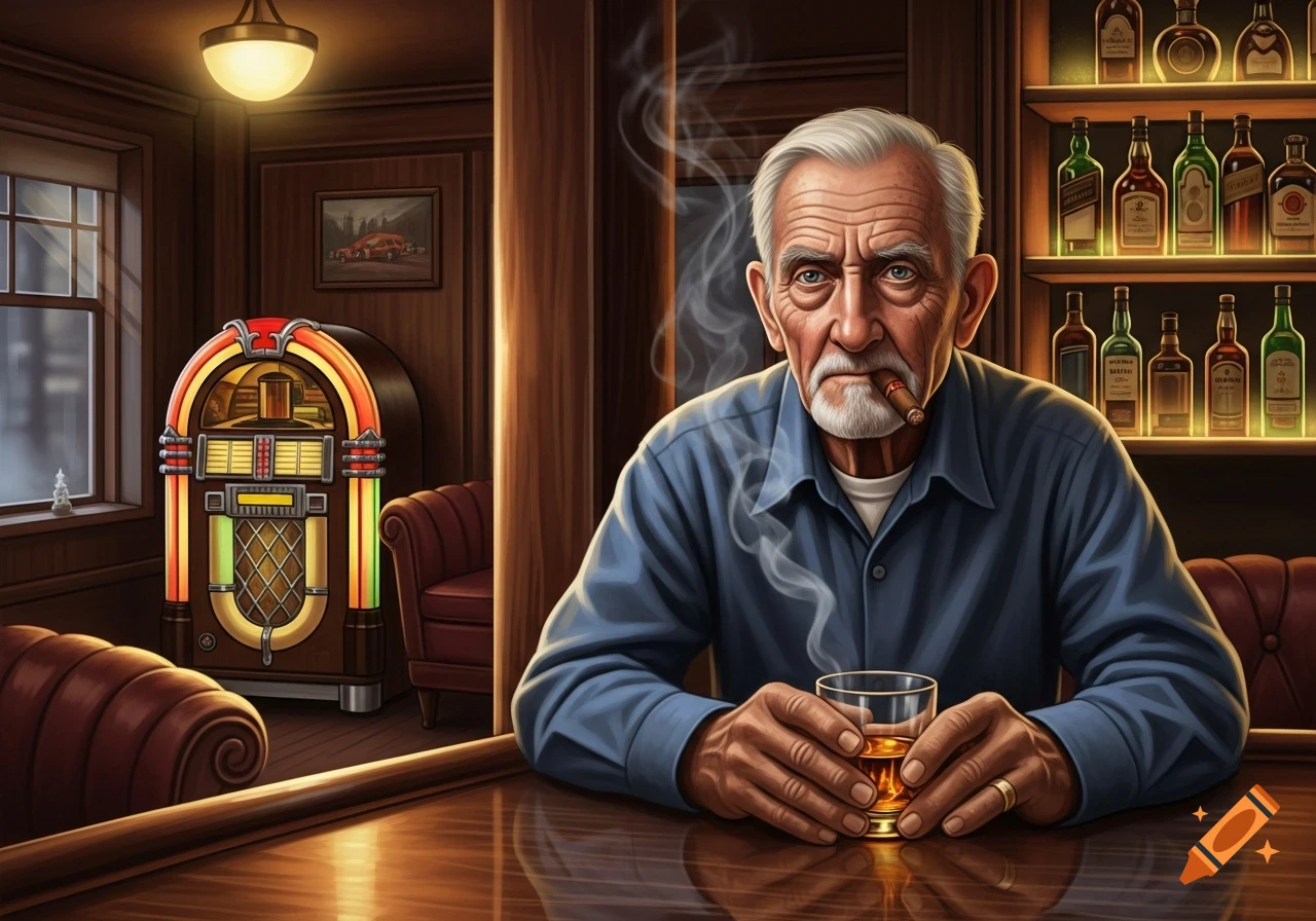 An old man with a white beard sits at a bar, holding a glass of whiskey and smoking a cigar. A jukebox is in the background.