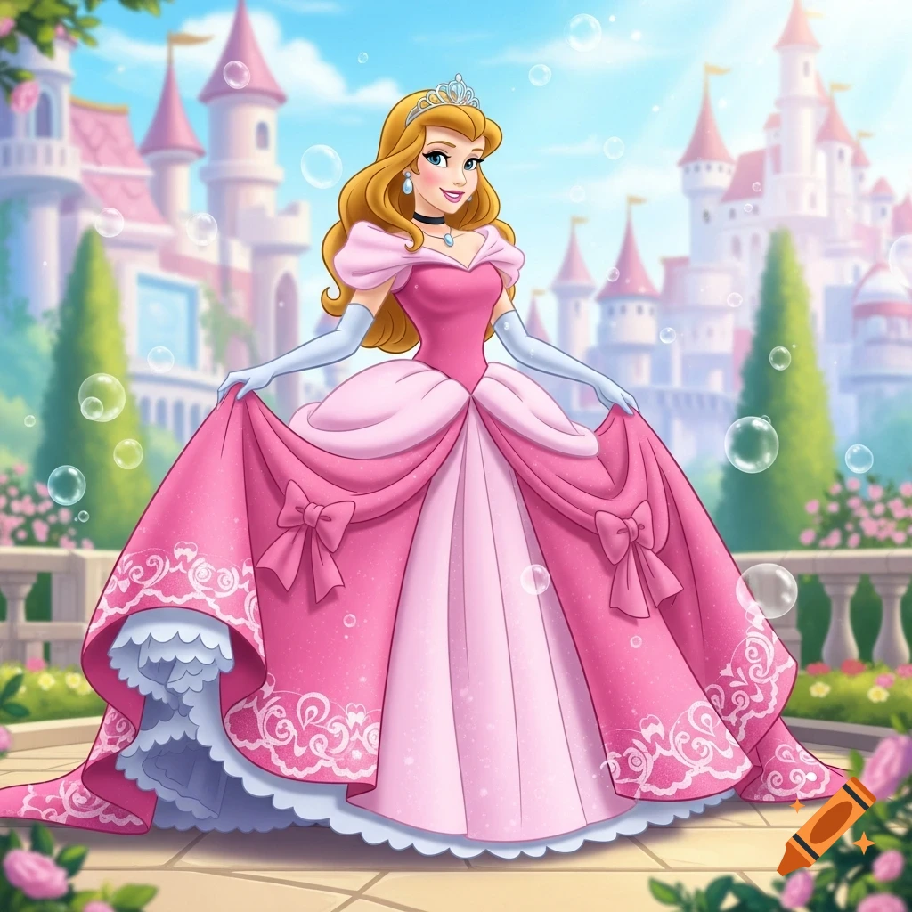 Smiling cartoon princess in a voluminous pink gown, holding her skirt, in front of a whimsical pink castle with floating bubbles.