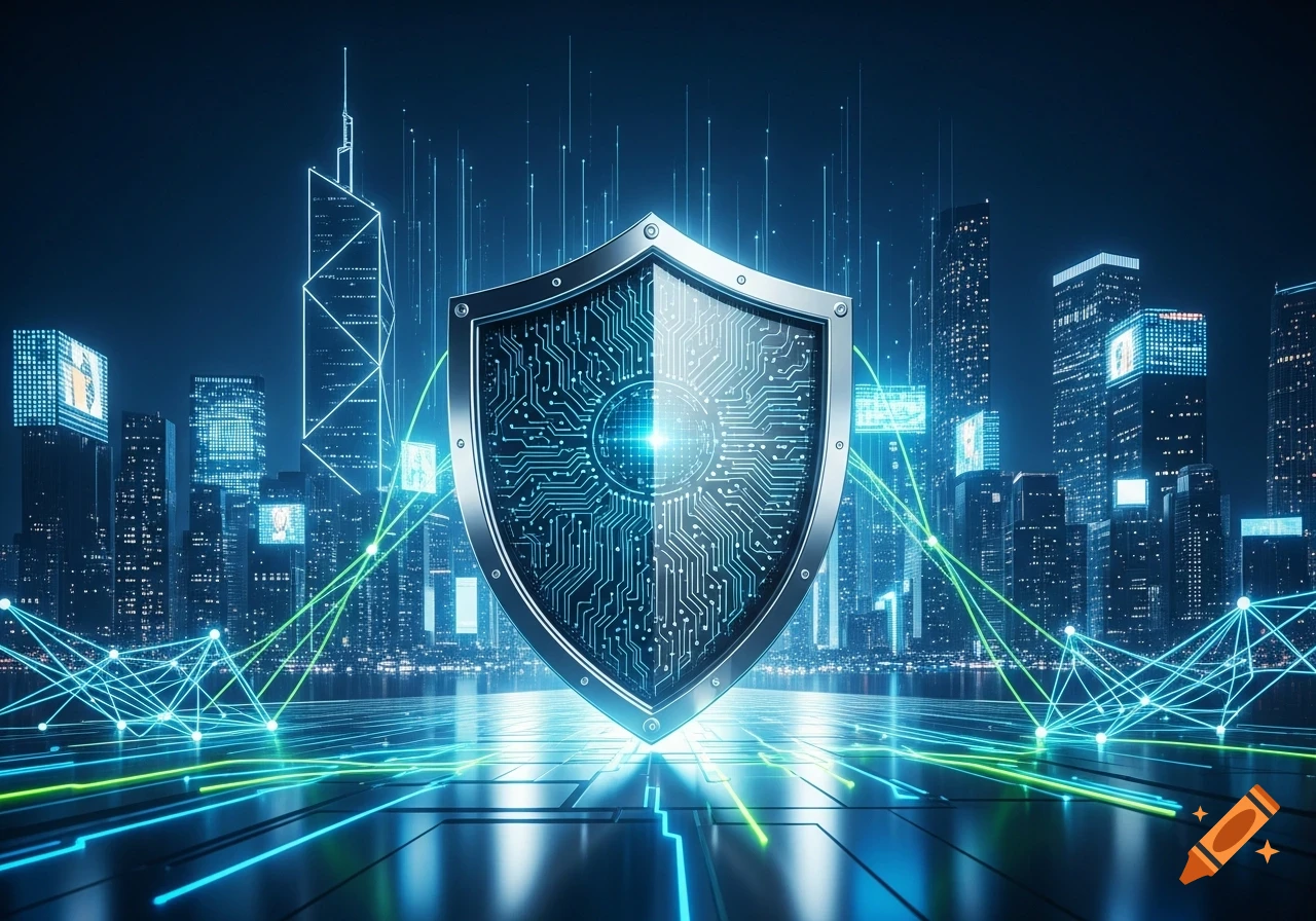 A glowing shield with circuit board patterns stands in a neon-lit futuristic city, with network lines across the foreground.