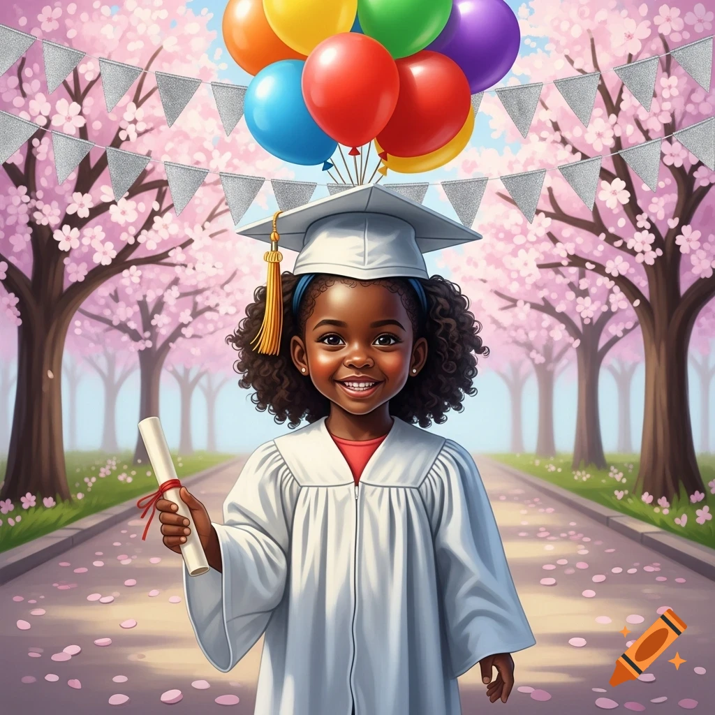 A smiling little Black girl in a white graduation cap and gown holds a diploma. She stands on a cherry blossom path with balloons and banners.