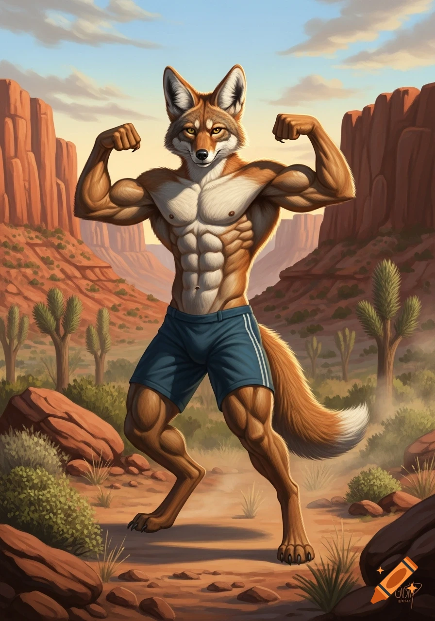 Muscular anthropomorphic coyote flexing in blue shorts in a desert landscape with red rock formations, digital painting.