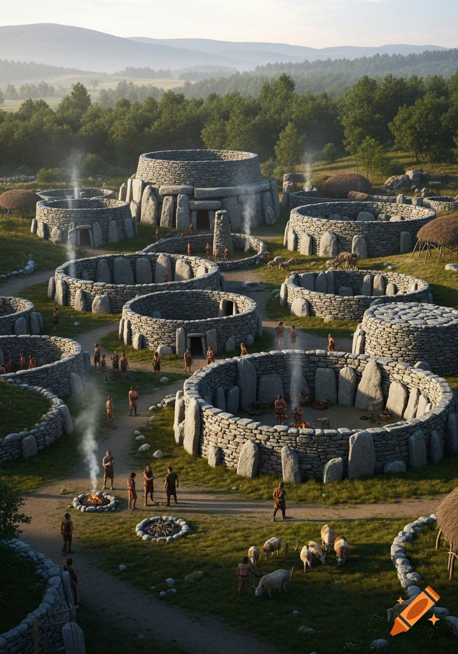 Photorealistic aerial view of an ancient Neolithic stone village with circular huts, people, and grazing sheep in a valley.