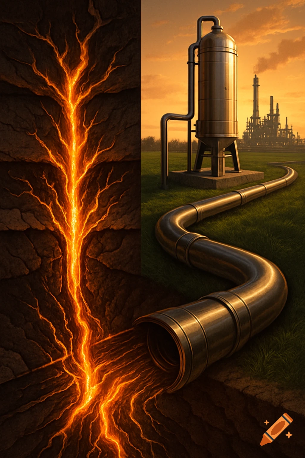 A split image showing glowing orange lava in cracked earth on the left, and a metal pipeline leading to an industrial plant at sunset on the right.