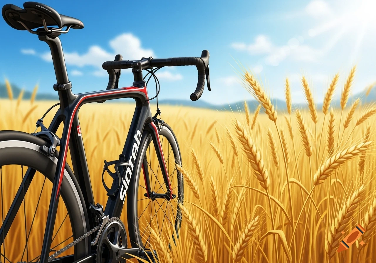 A sleek black and red road bike stands in a golden wheat field under a bright blue sky.