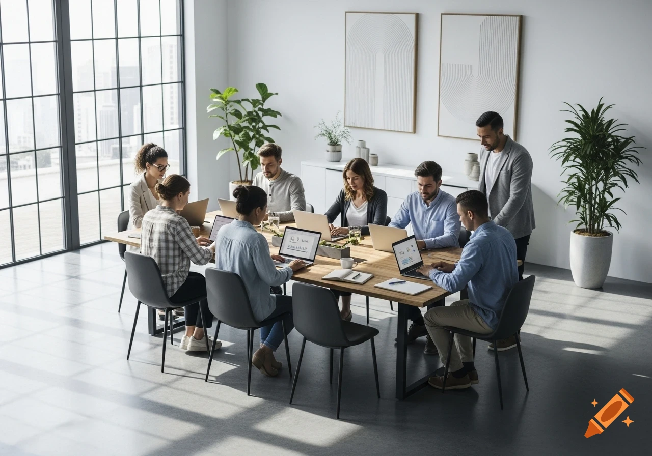 Diverse team of professionals collaborating on laptops in a modern, sunlit office with large windows. Photorealistic style.
