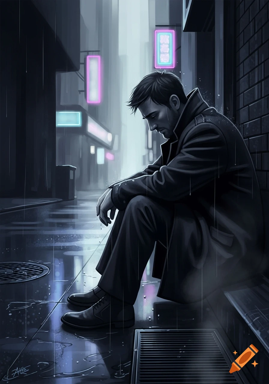 A man in a trench coat sits forlornly in the rain on a dark city street, lit by neon signs, in a digital art style.