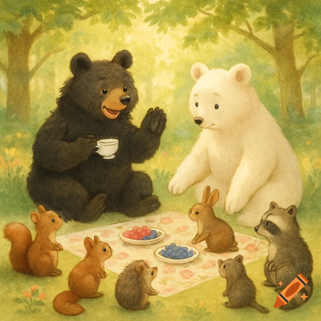 Whimsical children's illustration of a black bear, white bear, and woodland animals having a picnic in a green forest.