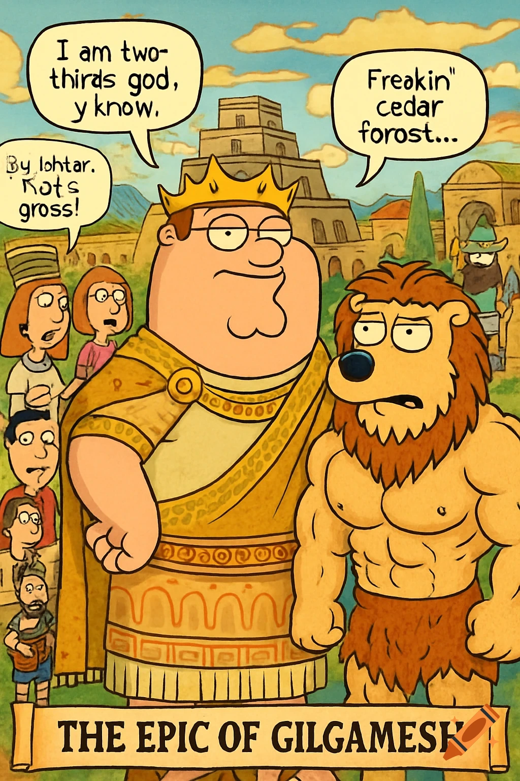 A Family Guy cartoon depicting Peter Griffin as Gilgamesh and Brian as Enkidu, with other characters in the background, set in an ancient city landscape. Speech bubbles contain dialogue and a banner at the bottom reads "THE EPIC OF GILGAMESH".