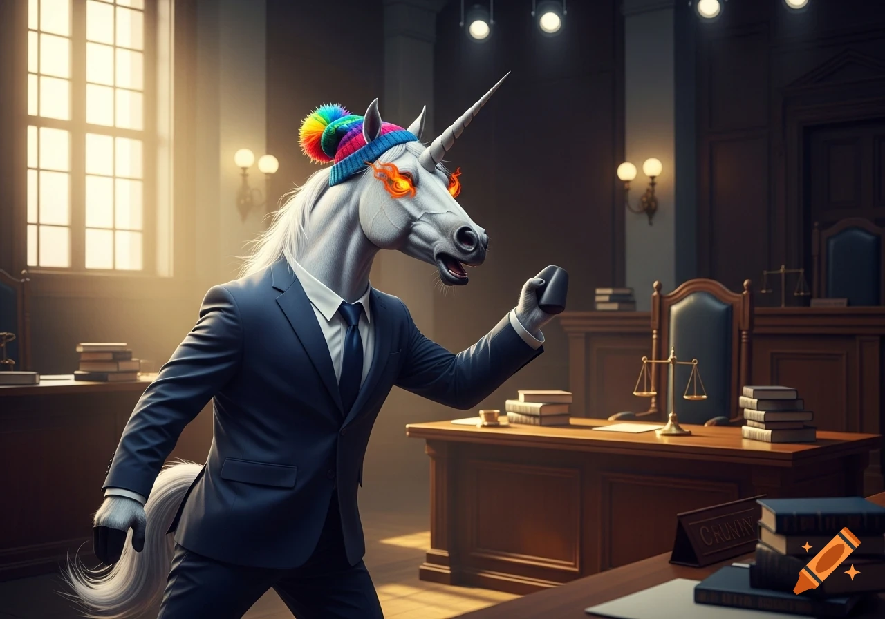 A white unicorn in a blue business suit and a colorful beanie, with fiery eyes, stands angrily arguing in a courtroom.