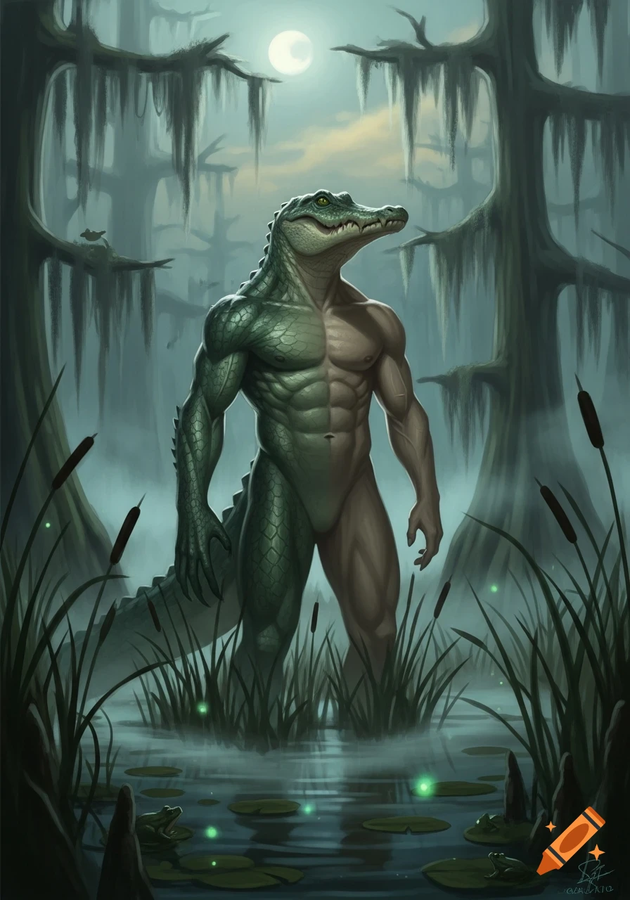 A muscular alligator man stands in a moonlit, foggy swamp, surrounded by cypress trees, glowing fireflies, and lily pads.