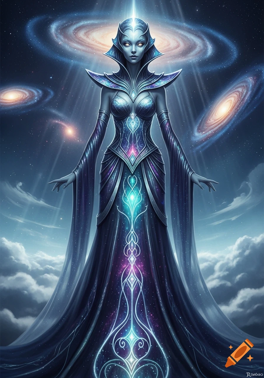 An ethereal alien queen in a shimmering, cosmic gown stands under a starry galaxy, with a glow emanating from her head.