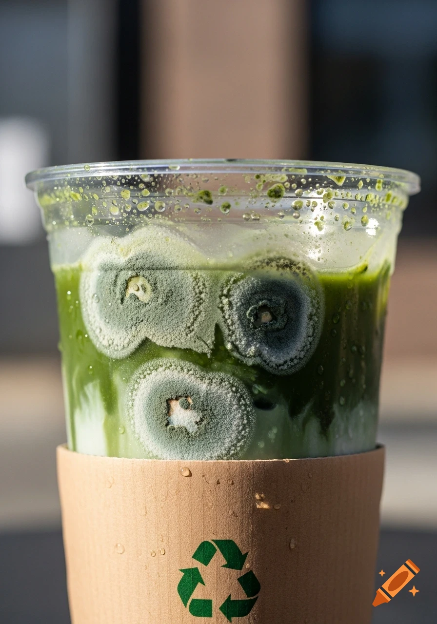 Close-up photorealistic shot of mold growing inside an ice matcha drink in a clear takeaway cup with a brown sleeve featuring a green recycling symbol.