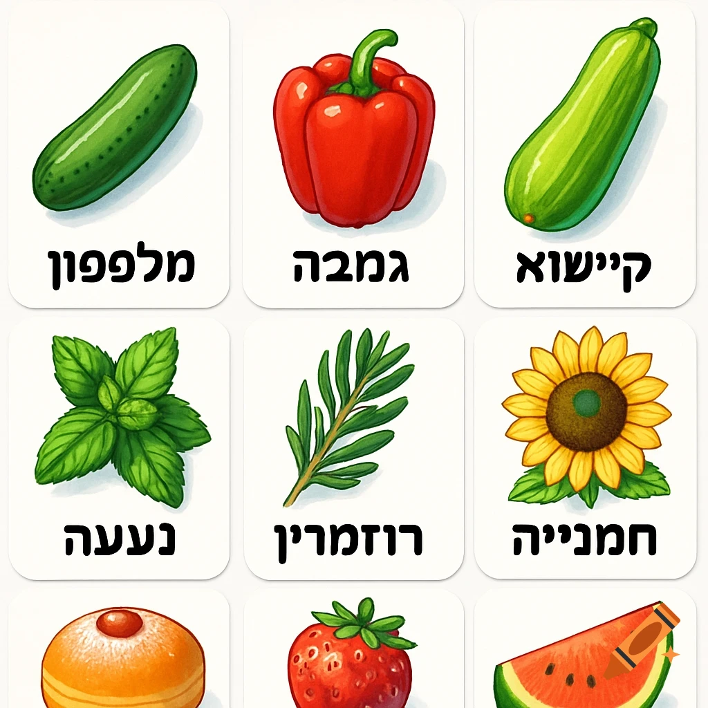A grid of child-friendly flashcards featuring illustrations of a cucumber, red bell pepper, zucchini, mint, rosemary, and sunflower, each with its Hebrew name below on a white background.