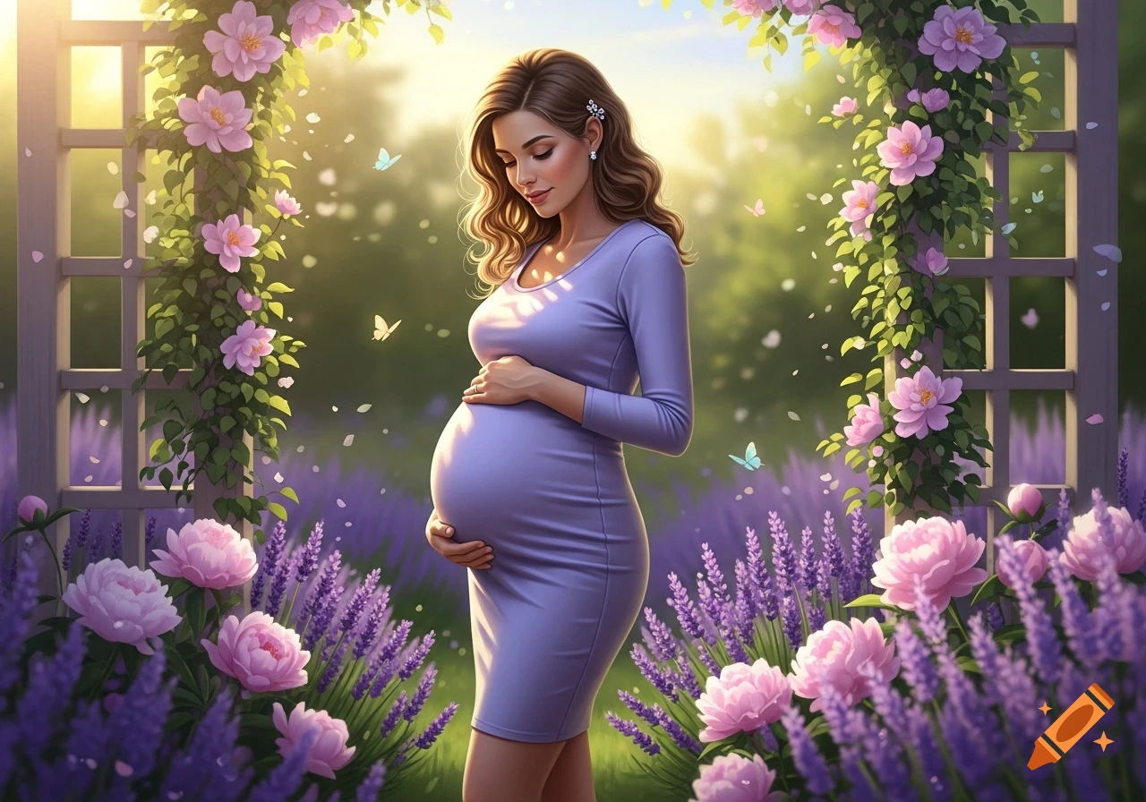 A pregnant woman in a lavender dress stands in a sunlit garden with purple lavender, pink peonies, and butterflies.