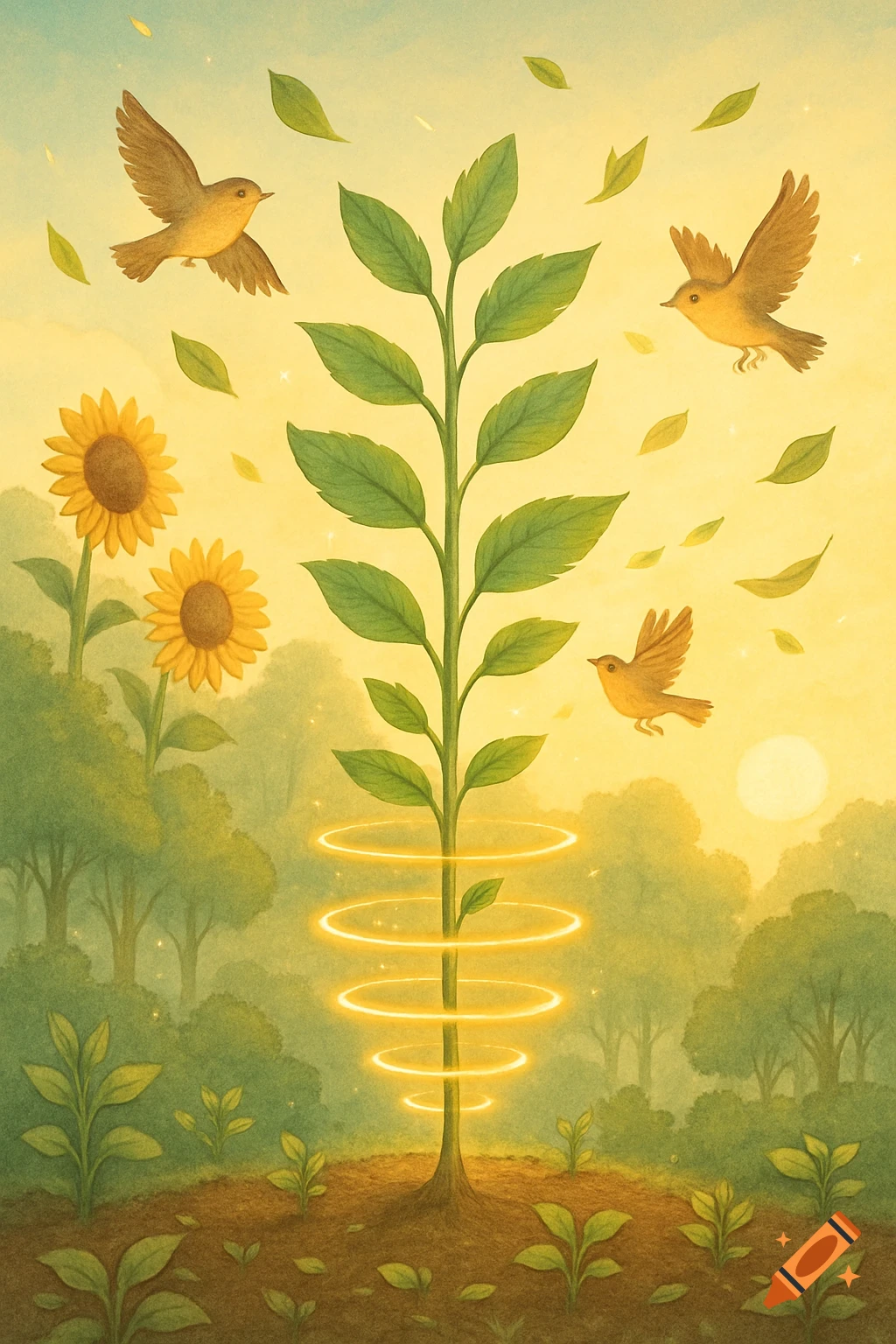 Digital illustration of a plant growing with luminous rings, flanked by sunflowers and birds in a warm, hazy landscape.