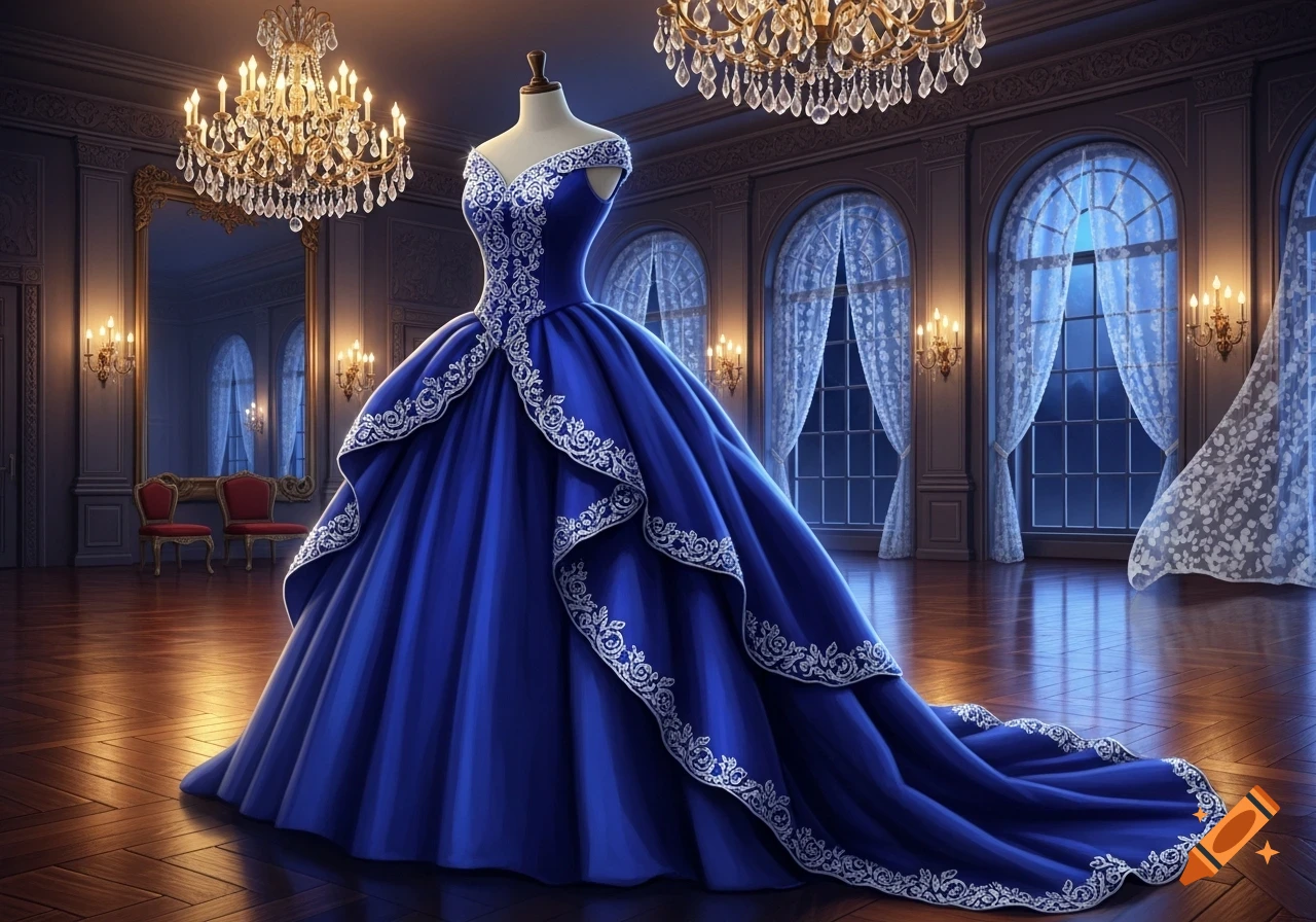 A blue ball gown with white embroidery on a mannequin in a grand ballroom with chandeliers and arched windows.