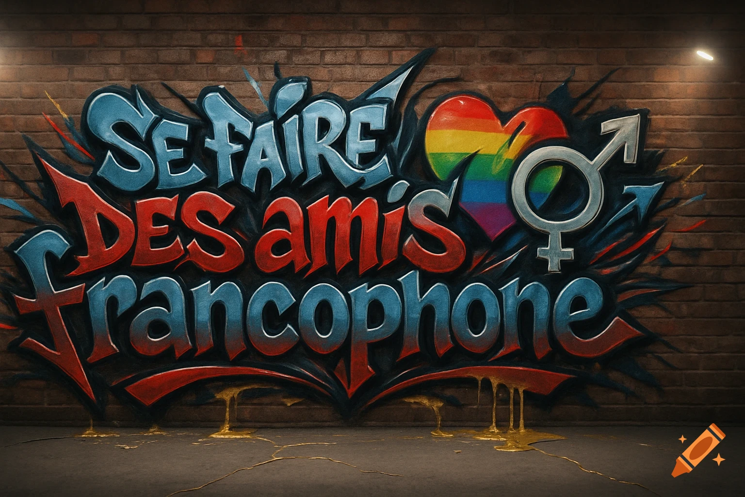 Colorful wild-style graffiti on a brick wall, spelling "Se faire des amis francophone" with a rainbow heart and gender symbols.