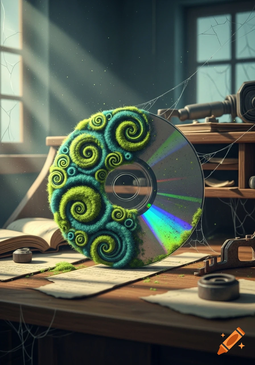 A compact disc covered in vibrant green and blue swirling mold sits on a dusty wooden desk with papers, an open book, and spiderwebs, bathed in sunlight from a window.