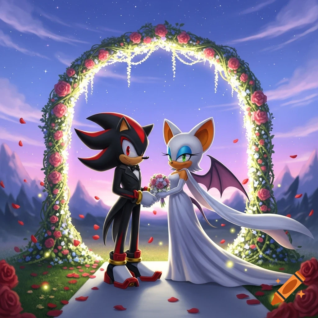 Shadow the Hedgehog in a tuxedo and Rouge the Bat in a white gown hold hands under a rose-covered wedding arch at sunset.