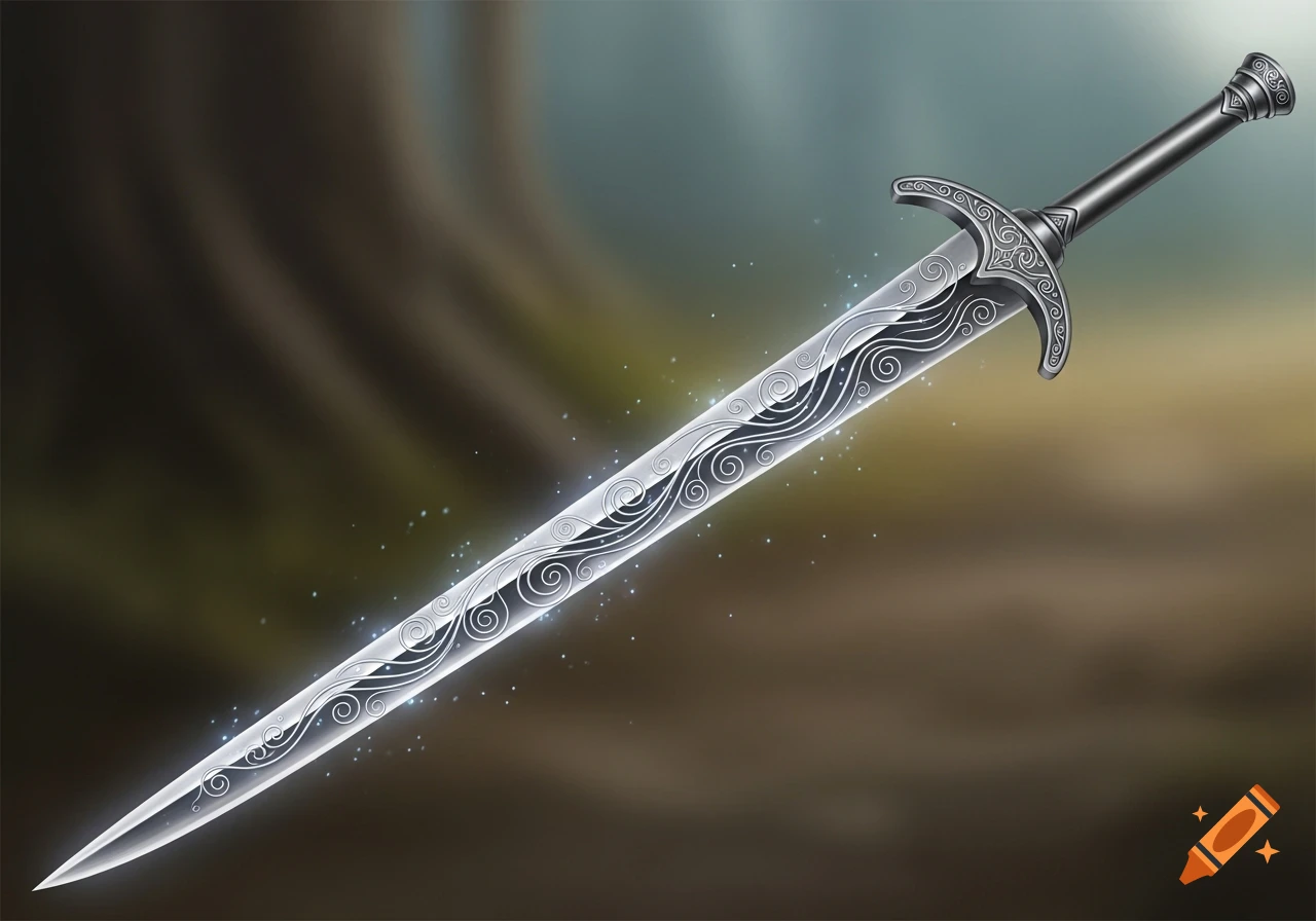 A glowing silver fantasy sword with intricate wind-themed filigree on its blade and hilt, against a blurred dark background.