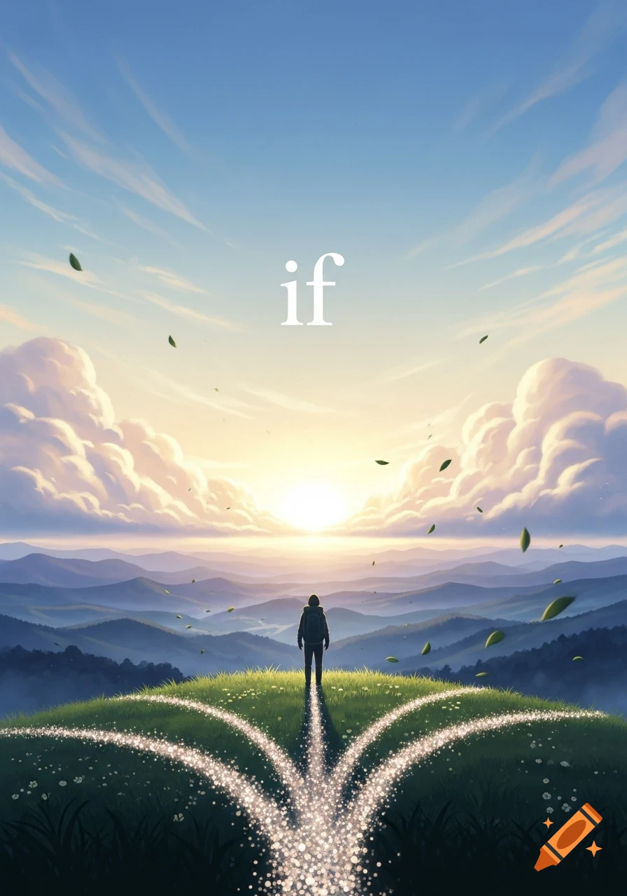 Stylized illustration of a person facing diverging sparkling paths on a hill at sunrise, with mountains, clouds, and the word 'if' in the sky.
