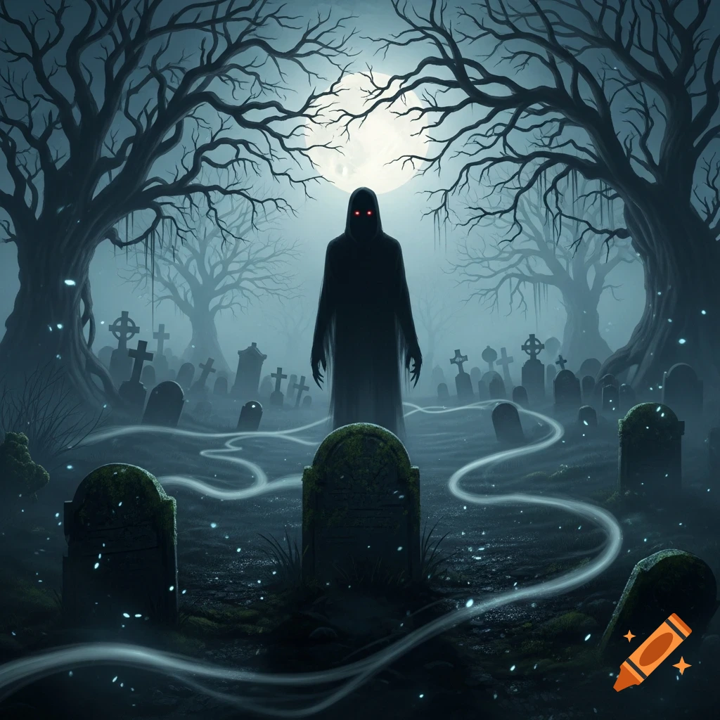 A shadowy figure with glowing red eyes stands in a misty, moonlit graveyard filled with gnarled trees and old tombstones.