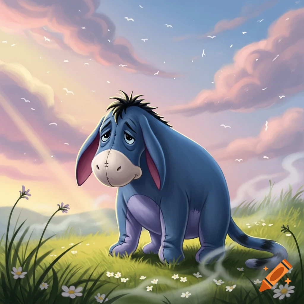 Eeyore, the blue donkey, sits sadly in a green field with white flowers under a colorful sunset sky with pink clouds and tiny birds.