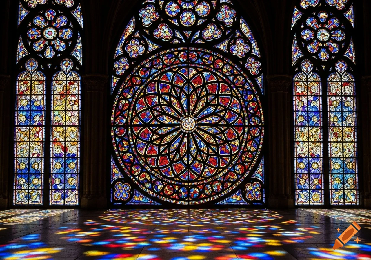 Vibrant stained glass rose window and side windows casting colorful light patterns onto a dark stone floor.
