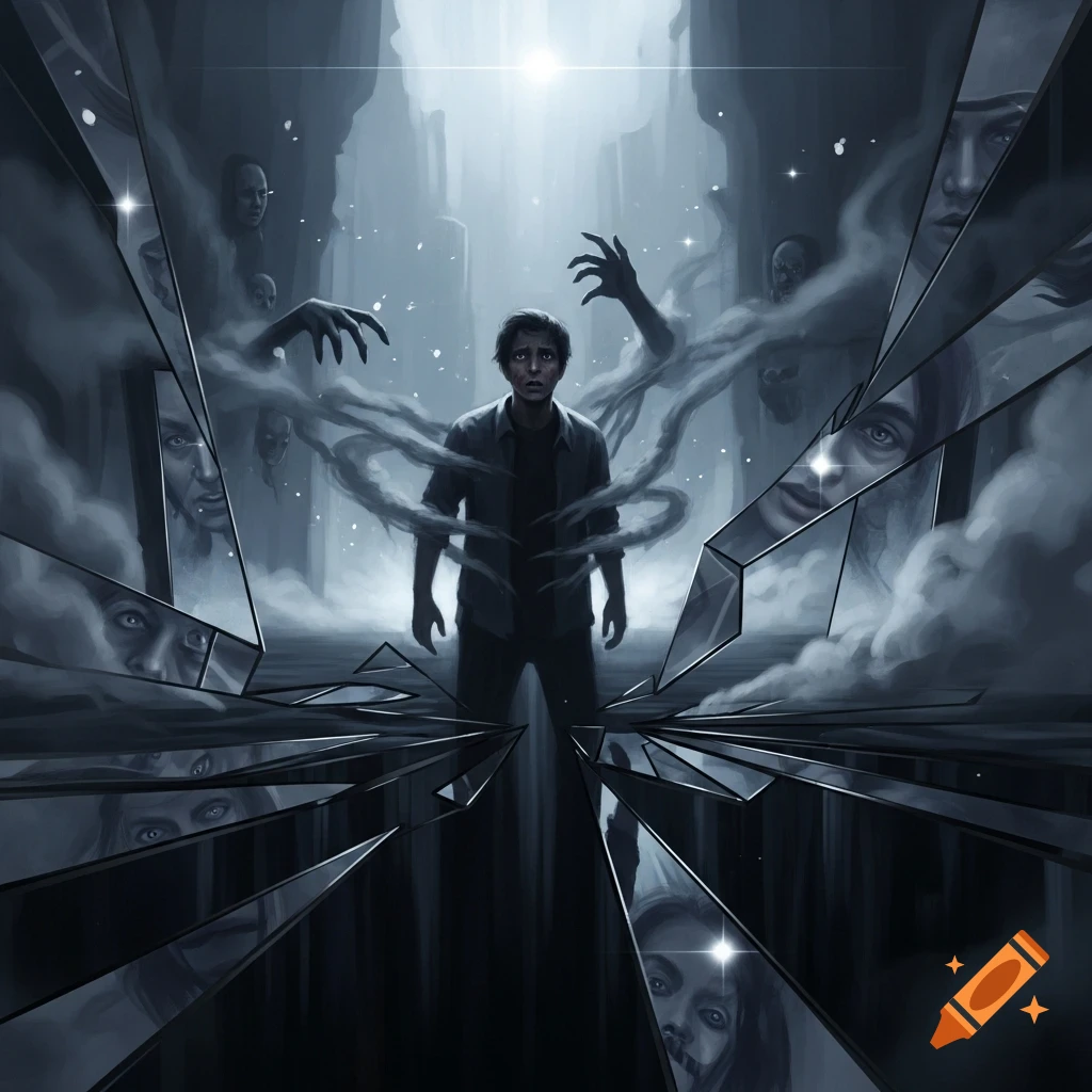 Distressed man in a dark, misty illusion, surrounded by shadowy figures and distorted faces in broken glass.